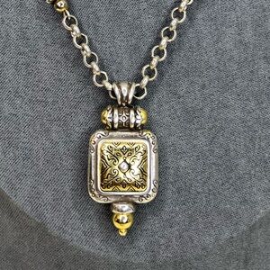 BRIGHTON Retired Necklace Two-Tone Silver and Gold Ornate Scroll Square Pendant